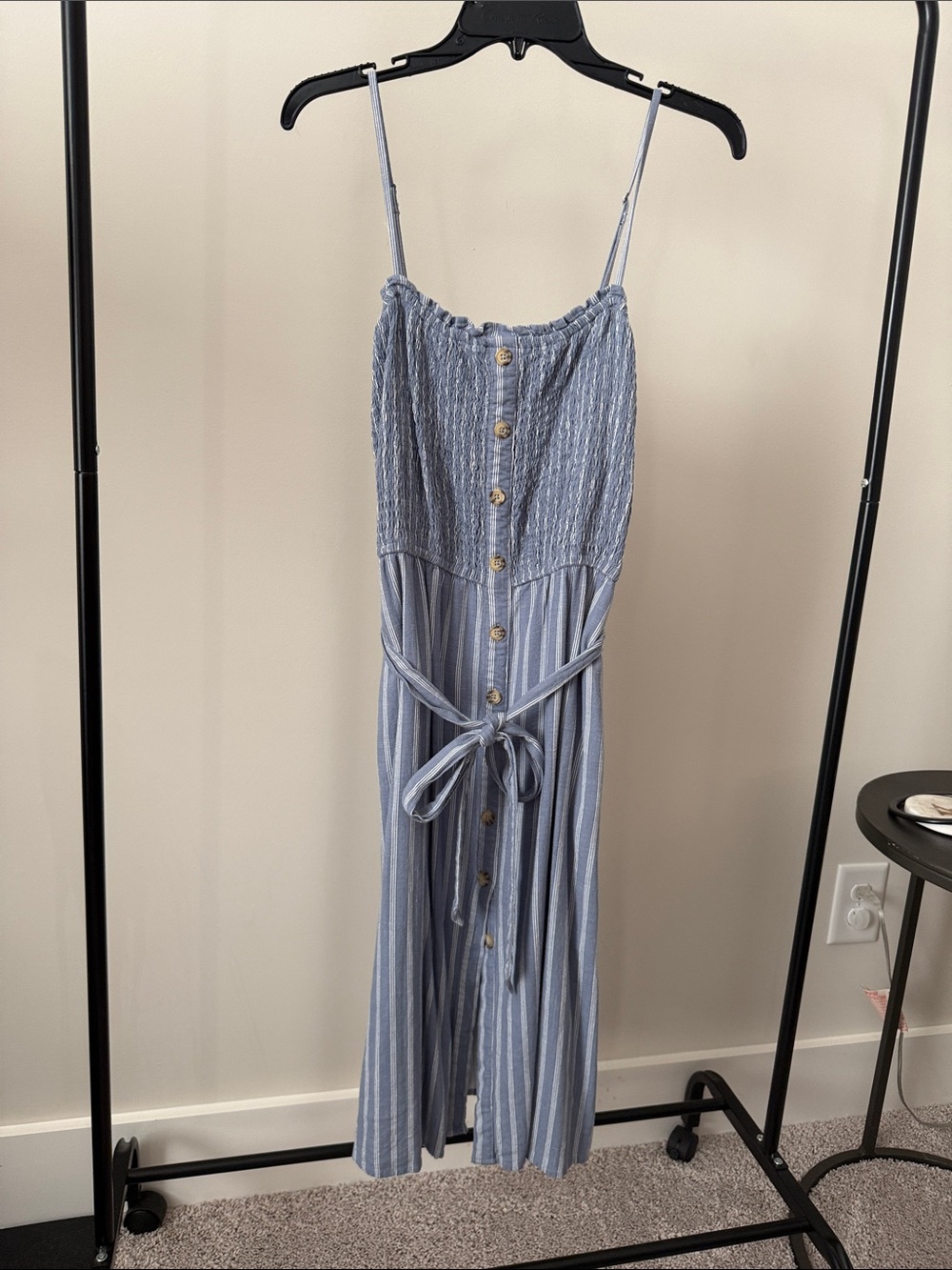 Abercrombie Light Blue Striped Smocked Jumpsuit with Buttons